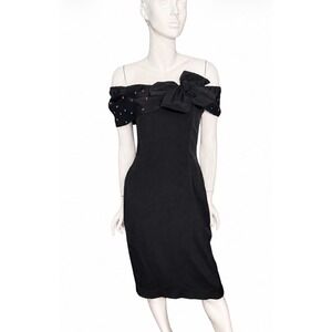 Topaz Vintage 80s Black Off Shoulder Bow Rhinestone Cocktail Dress medium glam